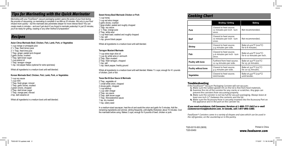 Tips for marinating with the quick marinator, Recipes, Cooking chart | Troubleshooting | FoodSaver Quick Marinator None User Manual | Page 2 / 2