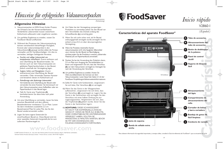 Características, Hinweise für erfolgreiches vakuumverpacken, Inicio rápido | V2860-i, Allgemeine hinweise, Características del aparato foodsaver, Español ) | FoodSaver V2860-1 User Manual | Page 10 / 16