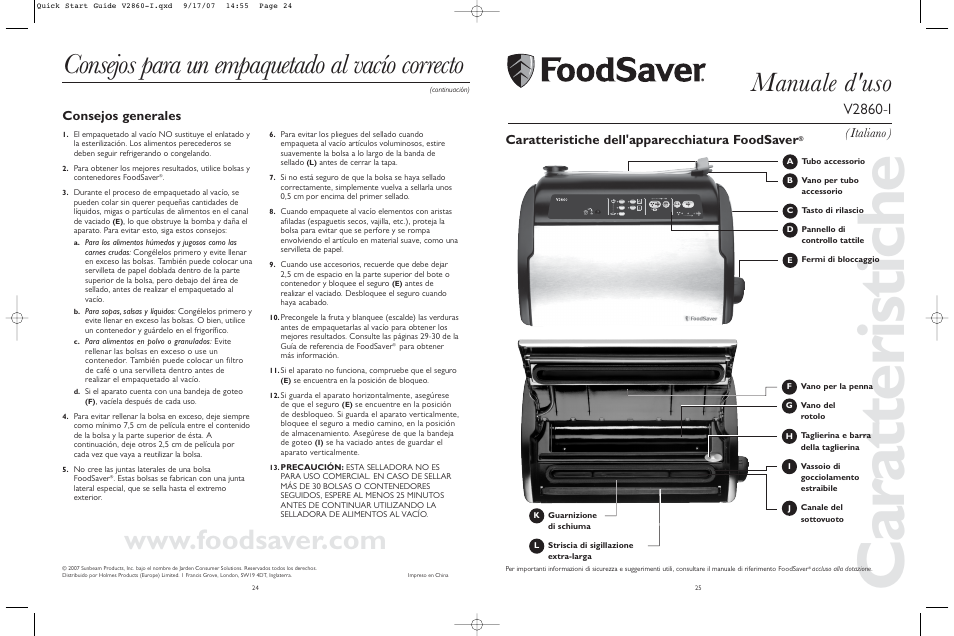 Caratteristiche, Consejos para un empaquetado al vacío correcto, Manuale d'uso | V2860-i, Consejos generales, Caratteristiche dell'apparecchiatura foodsaver, Italiano ) | FoodSaver V2860-1 User Manual | Page 13 / 16