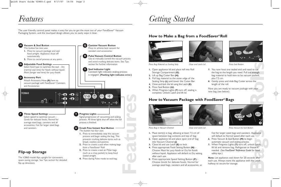 Featur es, Ba gs & rolls, Getting started | Features | FoodSaver V2860-1 User Manual | Page 2 / 16