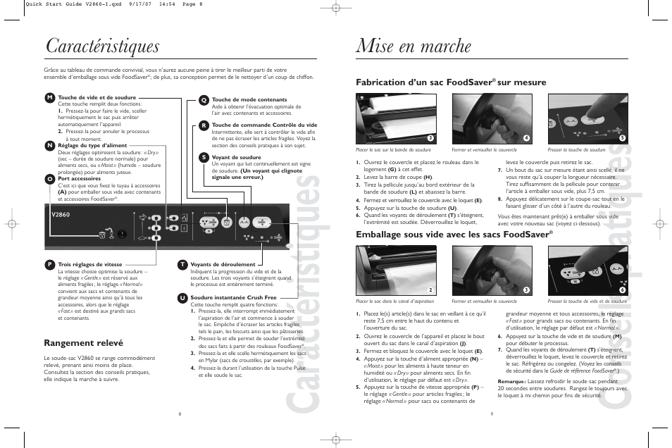 Caractéristiques, Conseils pratiques, Mise en marche | Rangement relevé, Fabrication d’un sac foodsaver | FoodSaver V2860-1 User Manual | Page 5 / 16