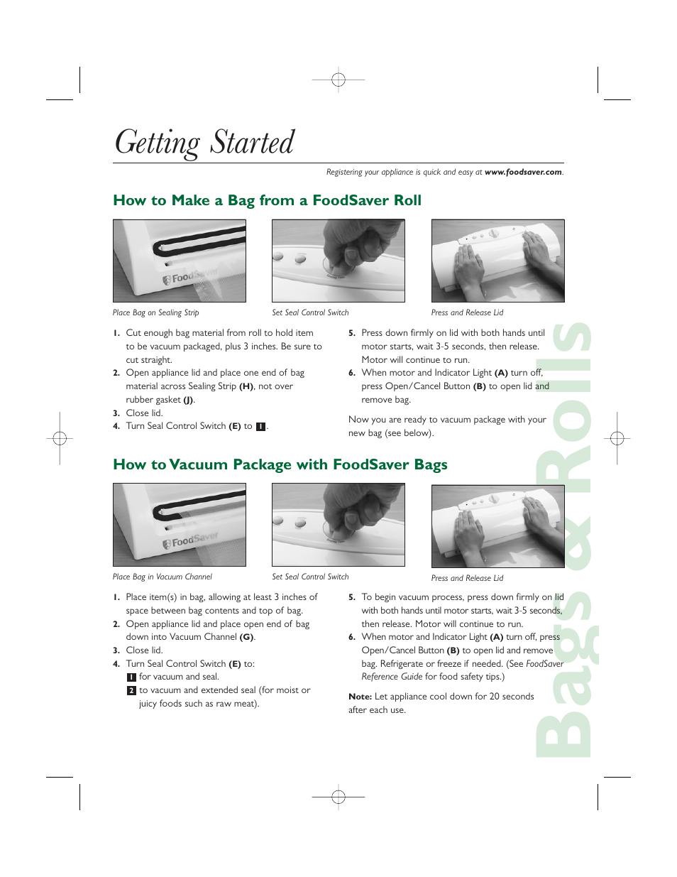 Ba gs & rolls, Getting started | FoodSaver V1085 User Manual | Page 2 / 6