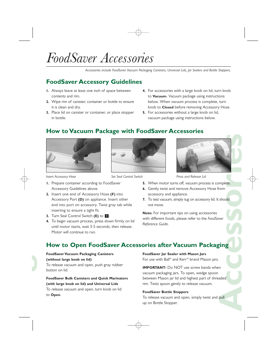 Gaccessories, Foodsaver accessories, Foodsaver accessory guidelines | How to vacuum package with foodsaver accessories | FoodSaver V1085 User Manual | Page 3 / 6