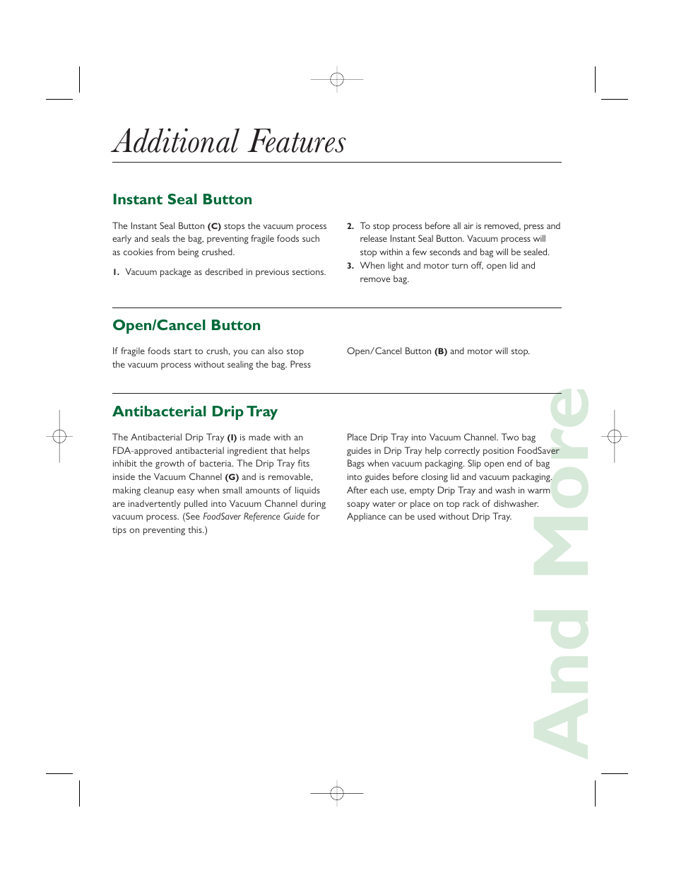 And mor e, Additional features | FoodSaver V1085 User Manual | Page 4 / 6