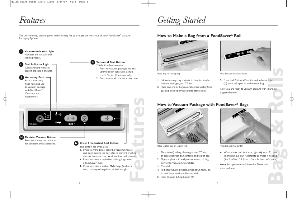 Ba gs & rolls, Featur es, Getting started | Features | FoodSaver V2040-I User Manual | Page 2 / 16