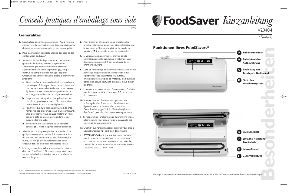 Besonderheiten, Kurzanleitung, Conseils pratiques d’emballage sous vide | V2040-i, Généralités, Deutsch), Funktionen ihres foodsavers | FoodSaver V2040-I User Manual | Page 7 / 16