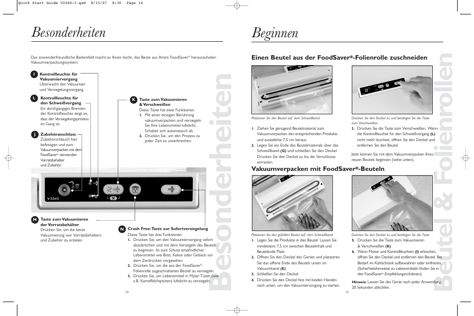 Besonderheiten, Beutel & f olienr ollen, Beginnen | Einen beutel aus der foodsaver, Beuteln | FoodSaver V2040-I User Manual | Page 8 / 16