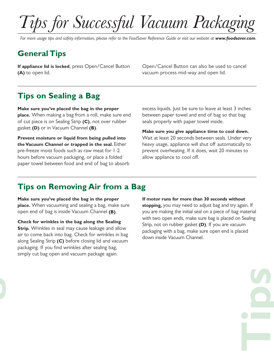 Gtips, Tips for successful vacuum packaging, General tips | Tips on sealing a bag, Tips on removing air from a bag | FoodSaver V300 User Manual | Page 3 / 4