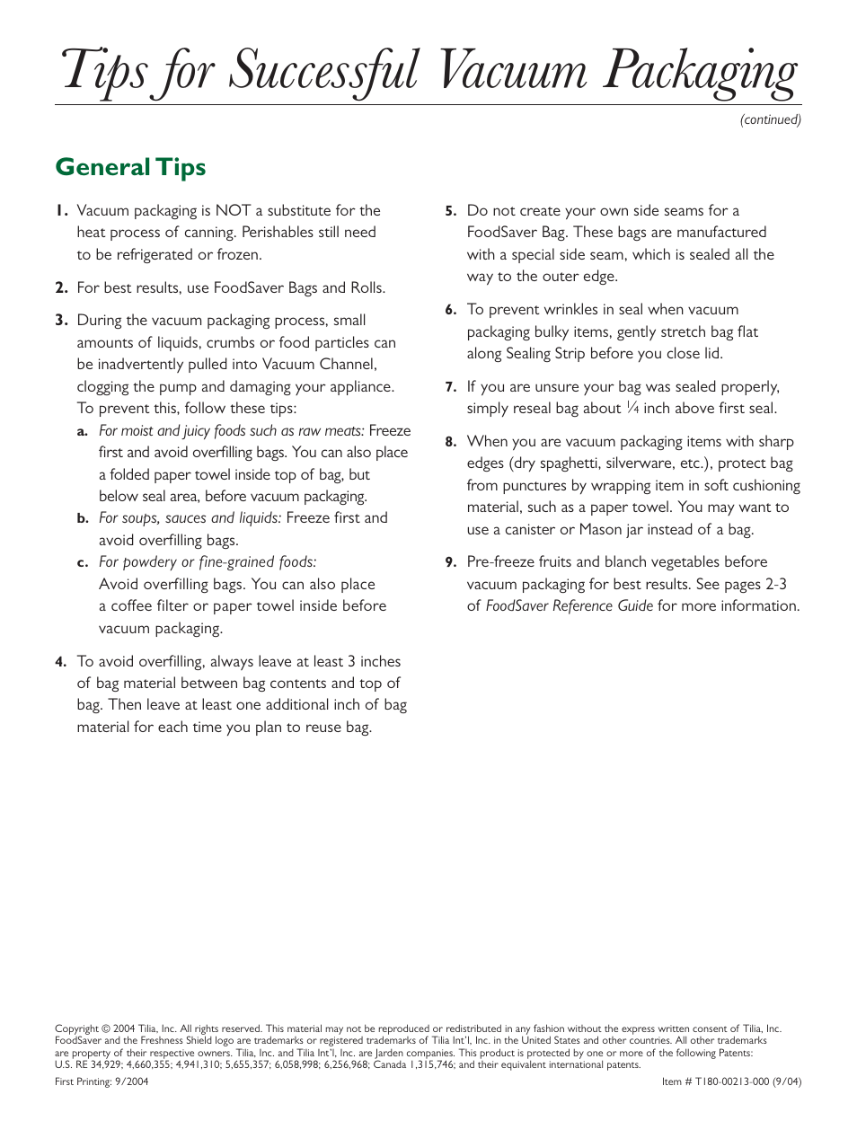 Tips for successful vacuum packaging, General tips | FoodSaver V300 User Manual | Page 4 / 4