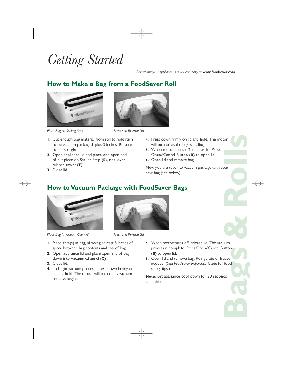 Ba gs & rolls, Getting started | FoodSaver V325 User Manual | Page 2 / 4