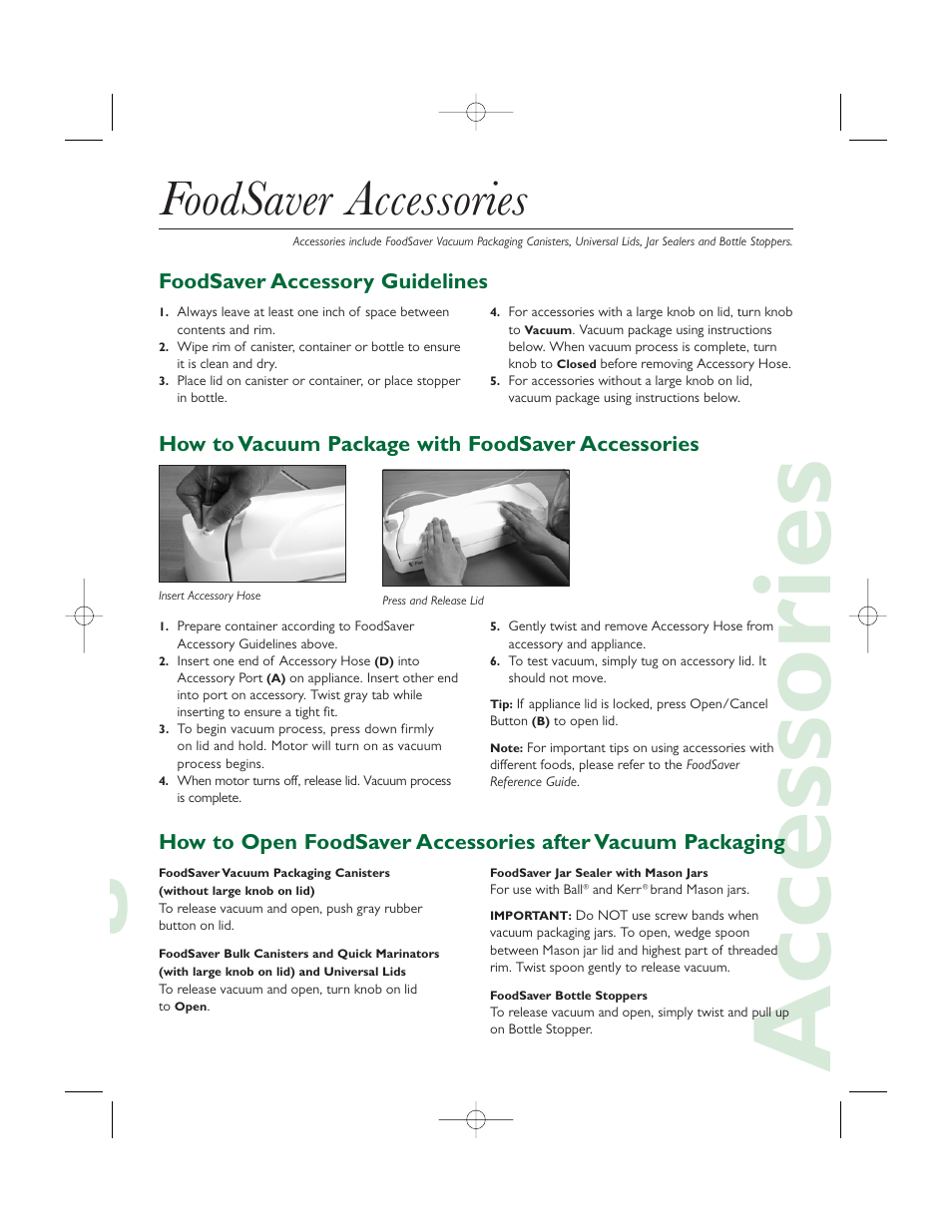 Gaccessories, Foodsaver accessories, Foodsaver accessory guidelines | How to vacuum package with foodsaver accessories | FoodSaver V325 User Manual | Page 3 / 4