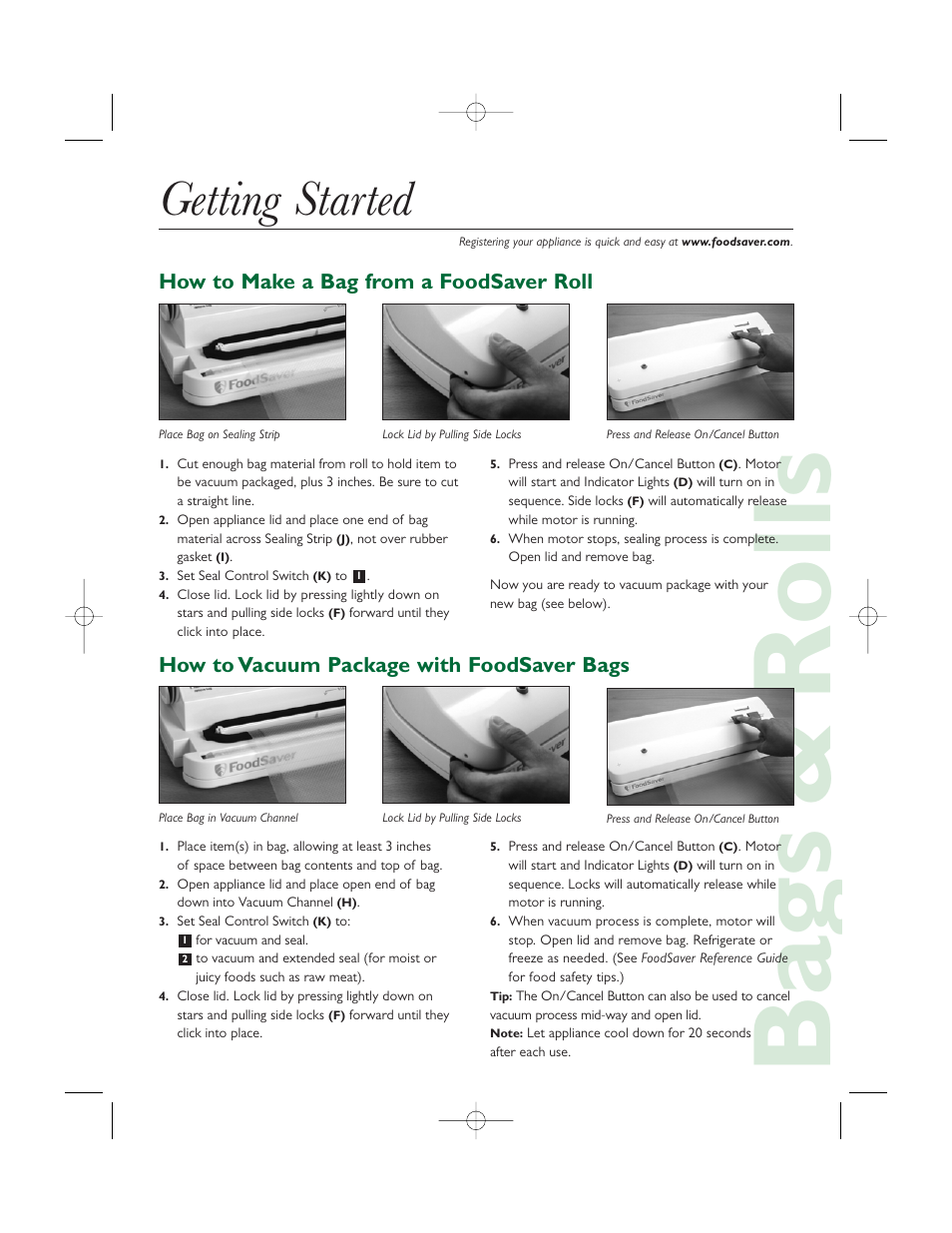 Ba gs & rolls, Getting started | FoodSaver V1080 User Manual | Page 2 / 6