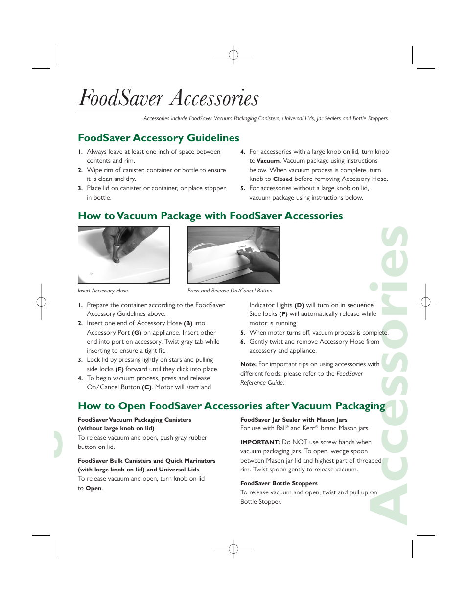 Gaccessories, Foodsaver accessories, Foodsaver accessory guidelines | How to vacuum package with foodsaver accessories | FoodSaver V1080 User Manual | Page 3 / 6