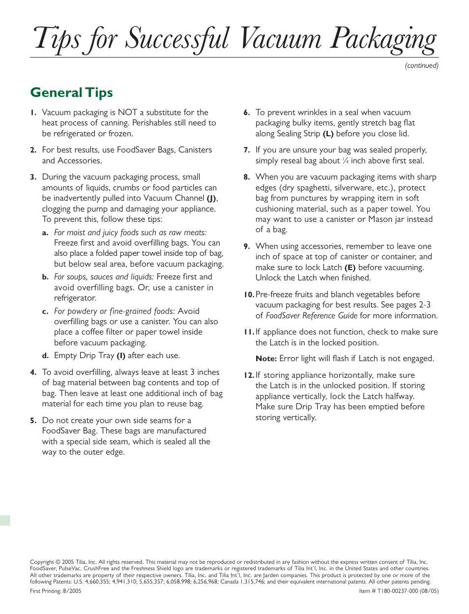 Tips, Tips for successful vacuum packaging, General tips | FoodSaver V2860 User Manual | Page 2 / 6