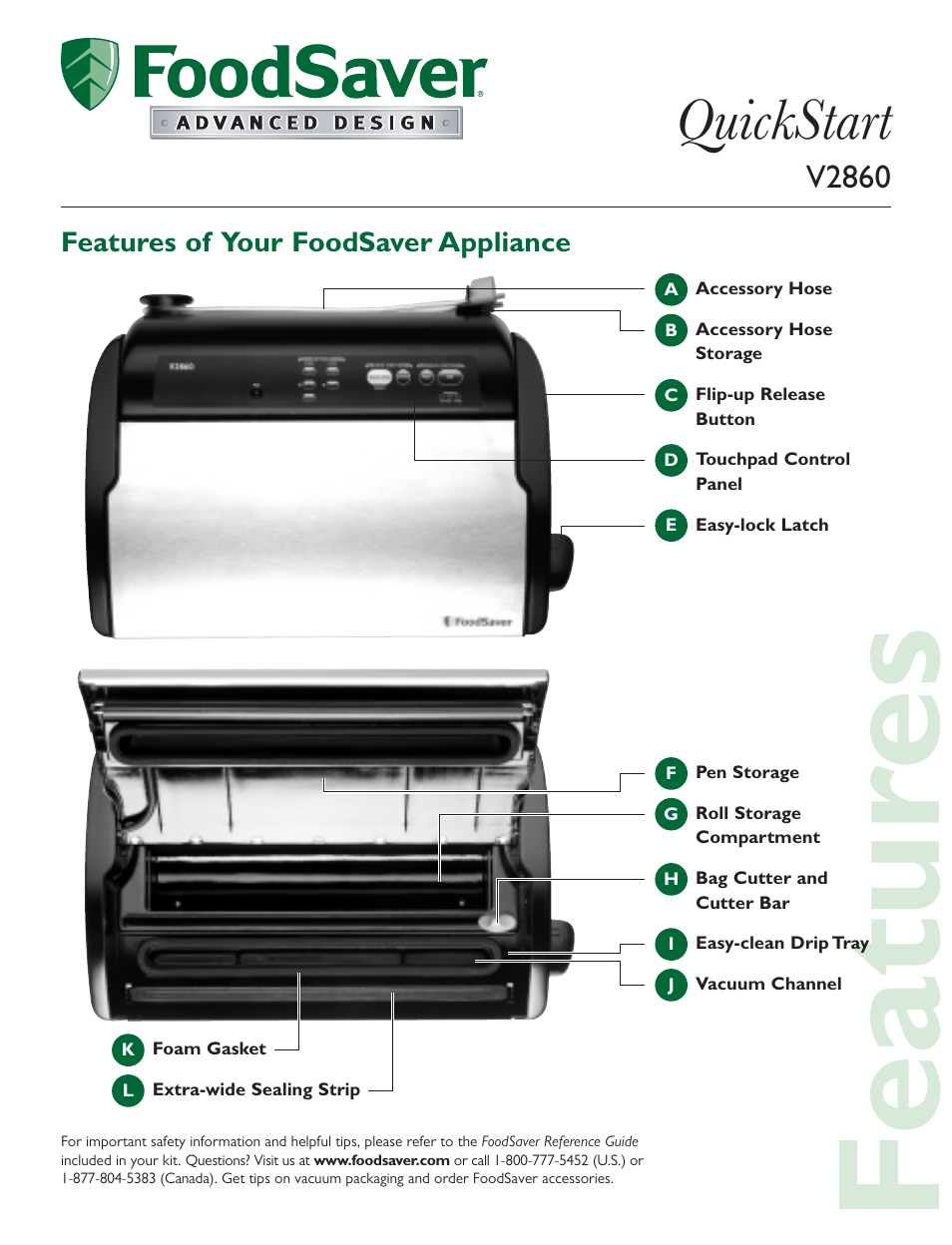 Featur es, Quickstart | FoodSaver V2860 User Manual | Page 3 / 6