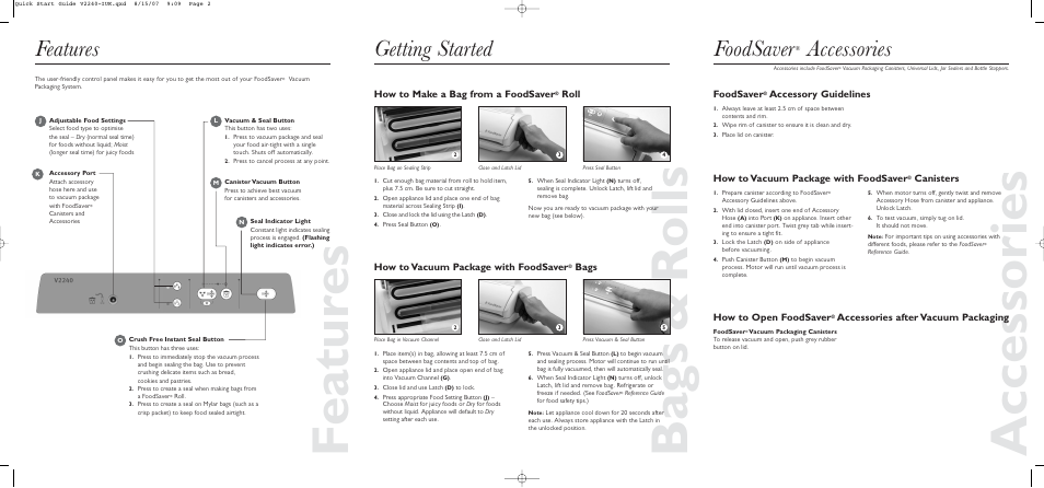 Featur es ba gs & rolls, Accessories, Getting started | Foodsaver, Features | FoodSaver V2240-IUK User Manual | Page 2 / 2