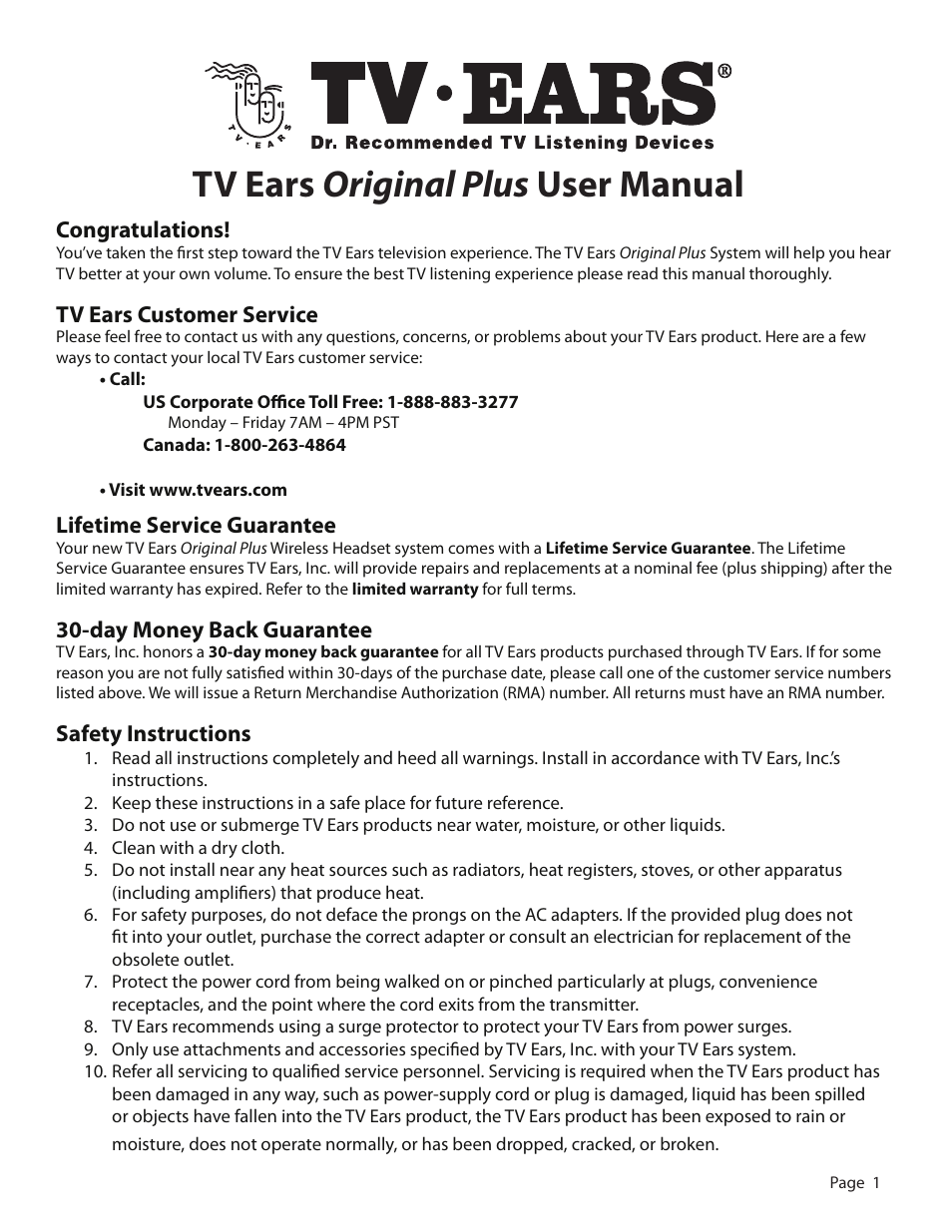 TV Ears Headphones User Manual | 11 pages