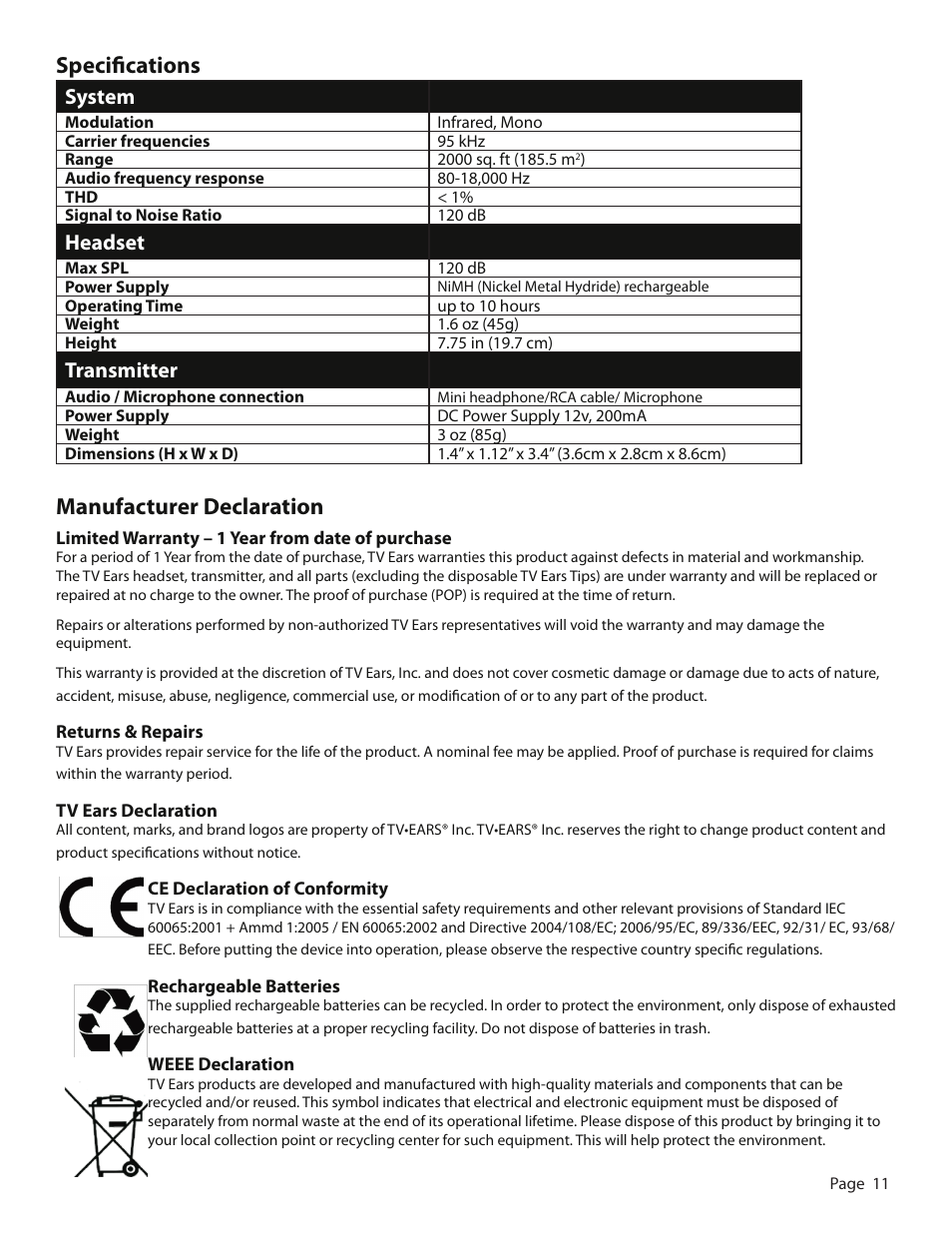 Specifications, Manufacturer declaration, System | Headset, Transmitter | TV Ears Headphones User Manual | Page 11 / 11