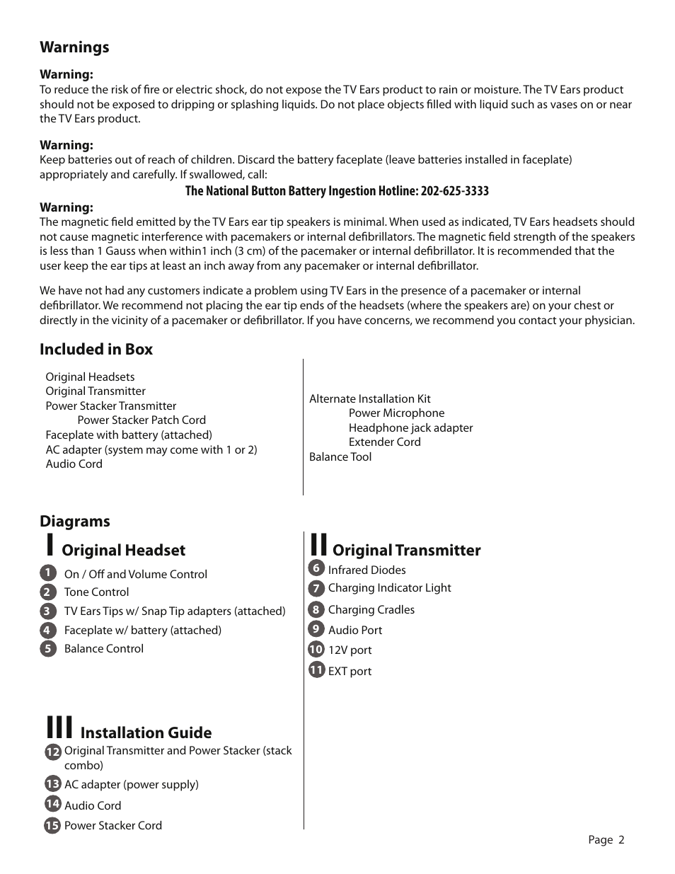 Warnings, Included in box, Diagrams | Original headset, Installation guide, Original transmitter | TV Ears Headphones User Manual | Page 2 / 11