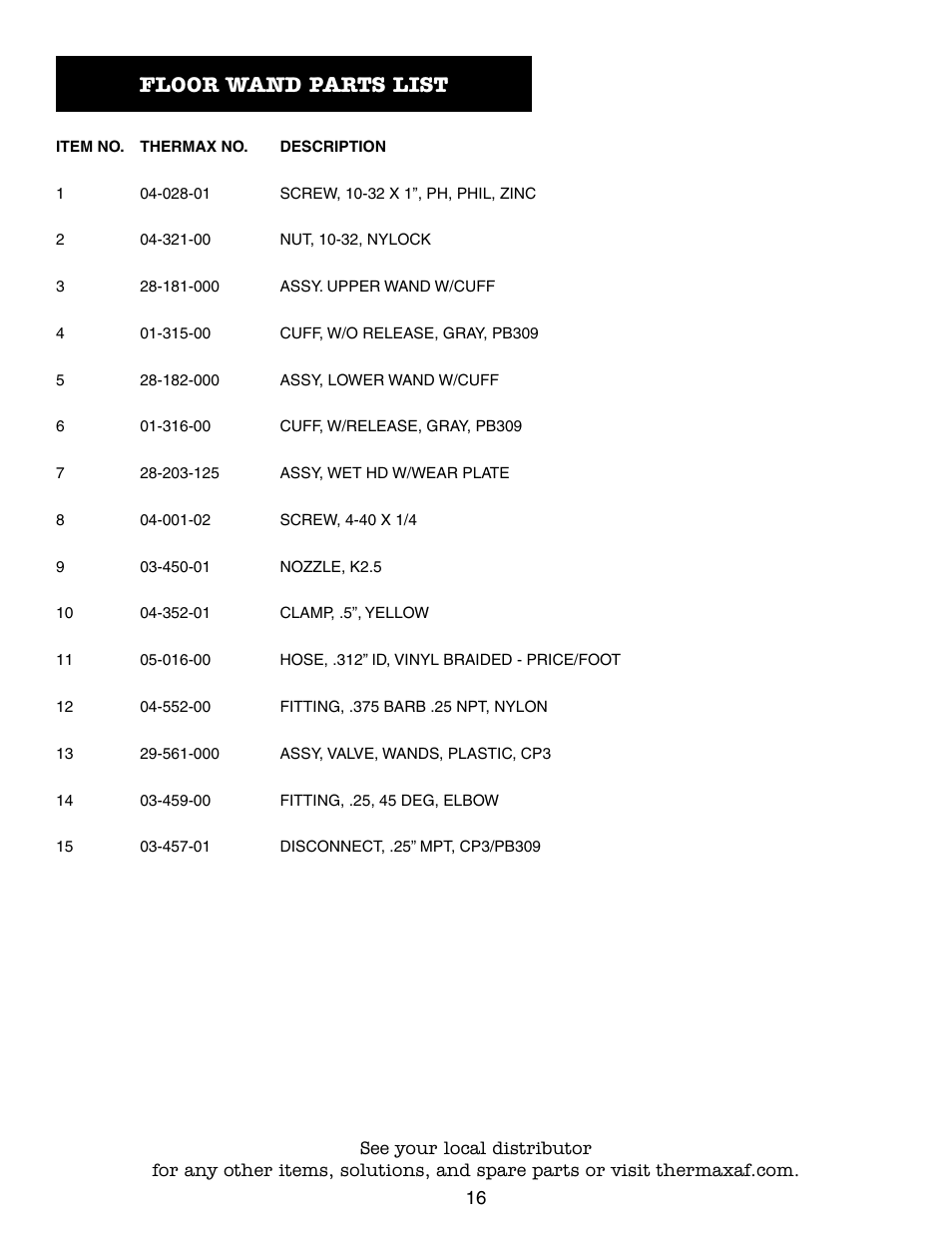 Floor wand parts list | Thermax CP3 User Manual | Page 17 / 24