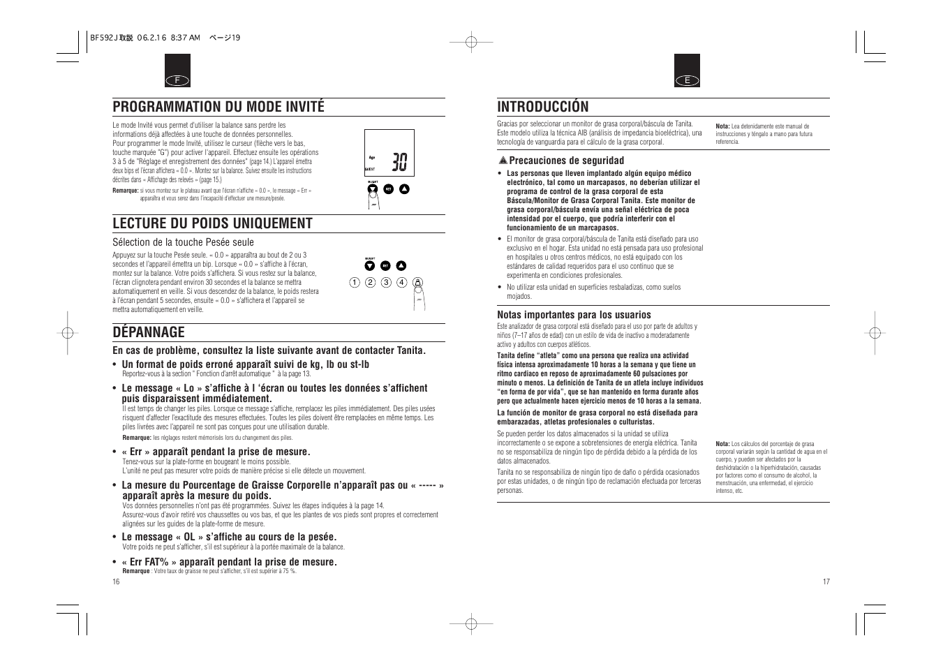 Dépannage, Programmation du mode invité, Lecture du poids uniquement | Introducción | Tanita BF-592J User Manual | Page 10 / 14