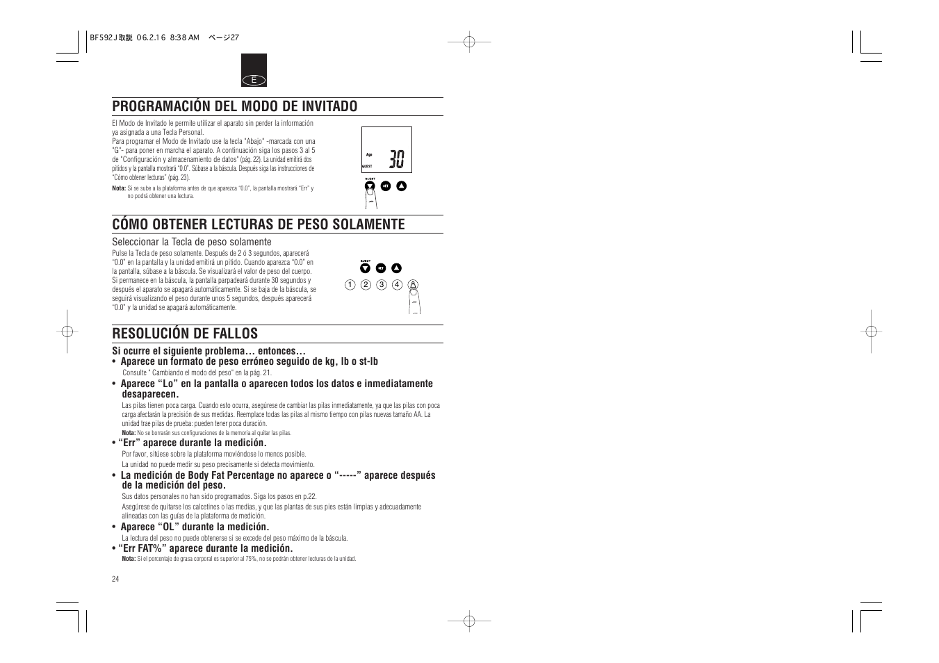 Resolución de fallos, Cómo obtener lecturas de peso solamente, Programación del modo de invitado | Tanita BF-592J User Manual | Page 14 / 14