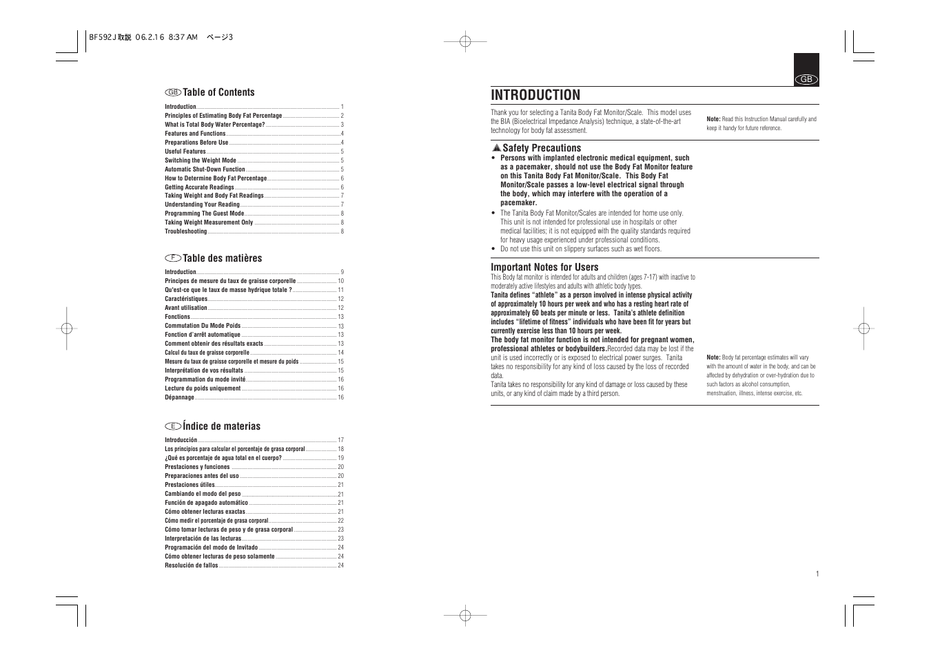 Introduction | Tanita BF-592J User Manual | Page 2 / 14