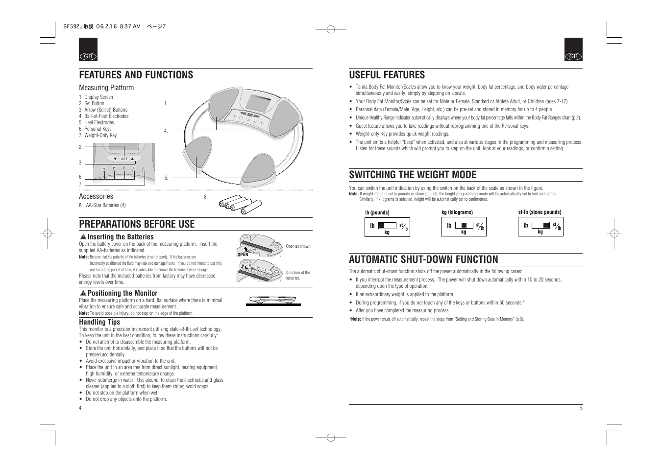 Features and functions preparations before use | Tanita BF-592J User Manual | Page 4 / 14