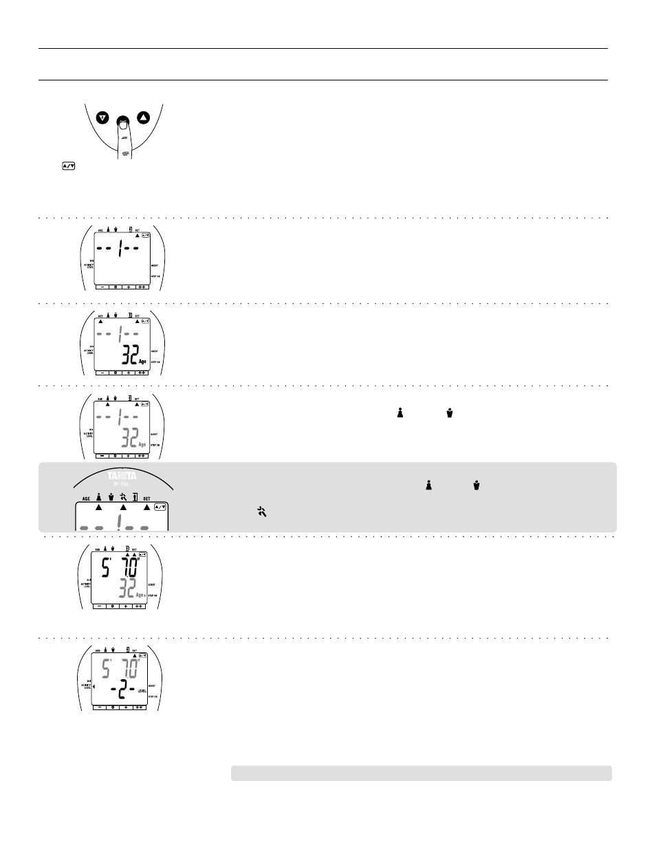 Turn on the power, Select a personal key, Set age | Select female or male, Specify the height, Select activity level | Tanita BF-556 User Manual | Page 8 / 13