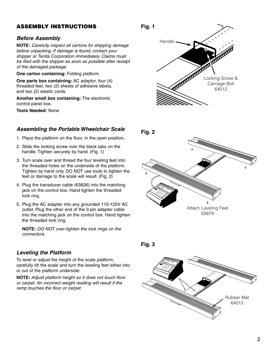 Assembly instructions before assembly, Assembling the portable wheelchair scale, Leveling the platform | 2fig. 1 fig. 2, Fig. 3, On off | Tanita 4521 User Manual | Page 3 / 9
