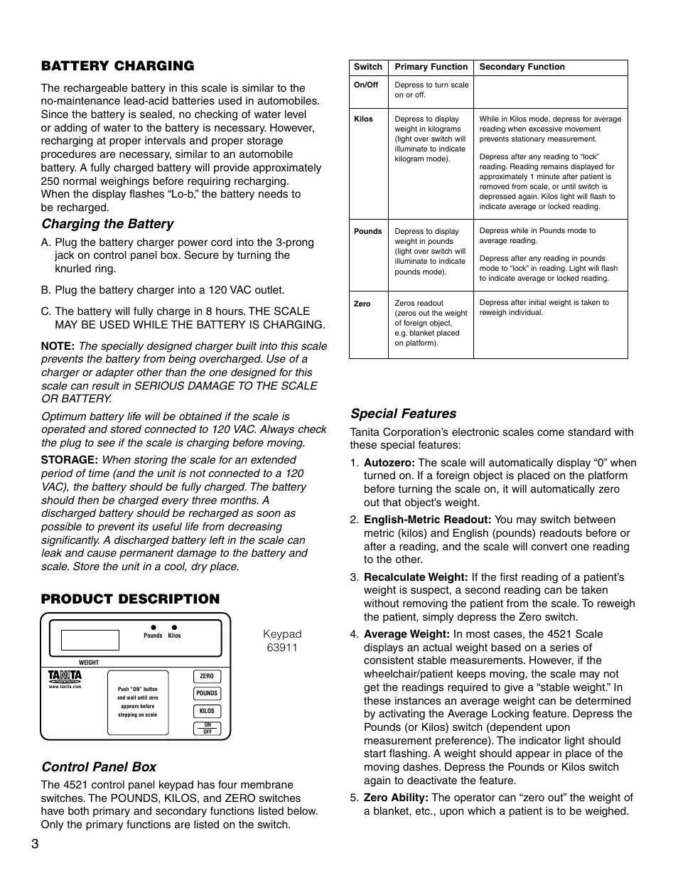 Battery charging, Charging the battery, Product description control panel box | Special features | Tanita 4521 User Manual | Page 4 / 9