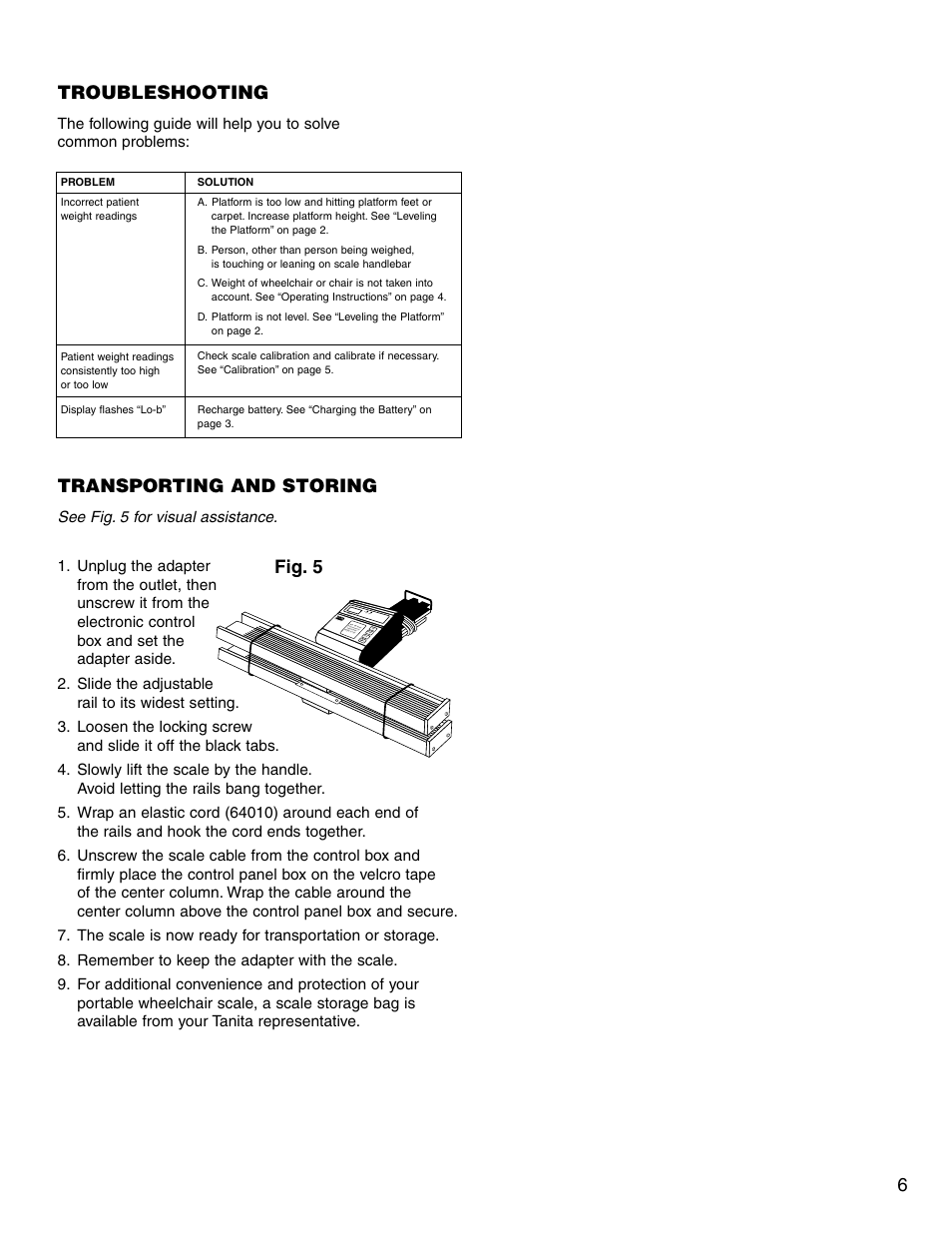 6troubleshooting, Transporting and storing, Fig. 5 | Tanita 4521 User Manual | Page 7 / 9