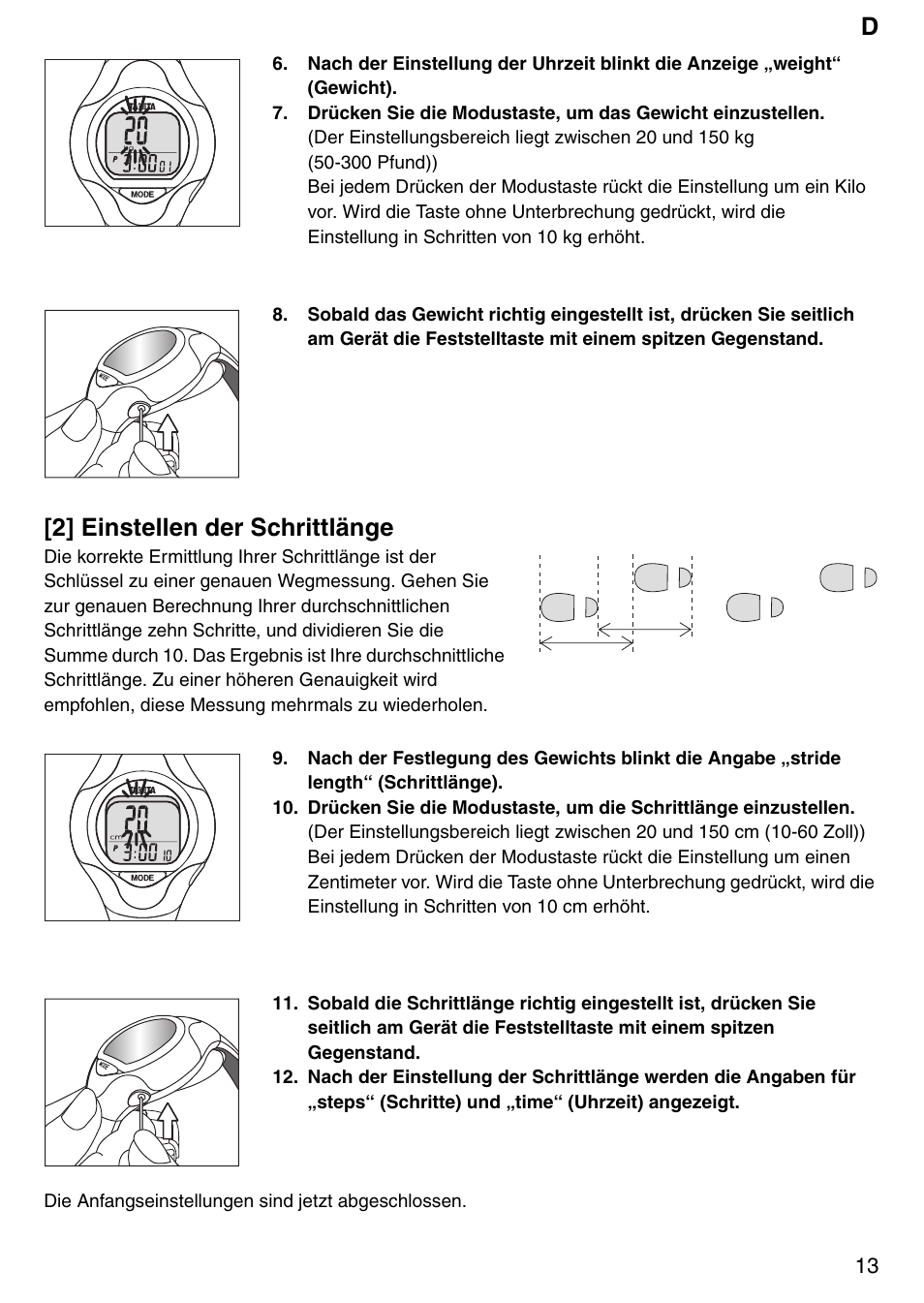 2] einstellen der schrittlänge | Tanita Step PD642 User Manual | Page 13 / 72