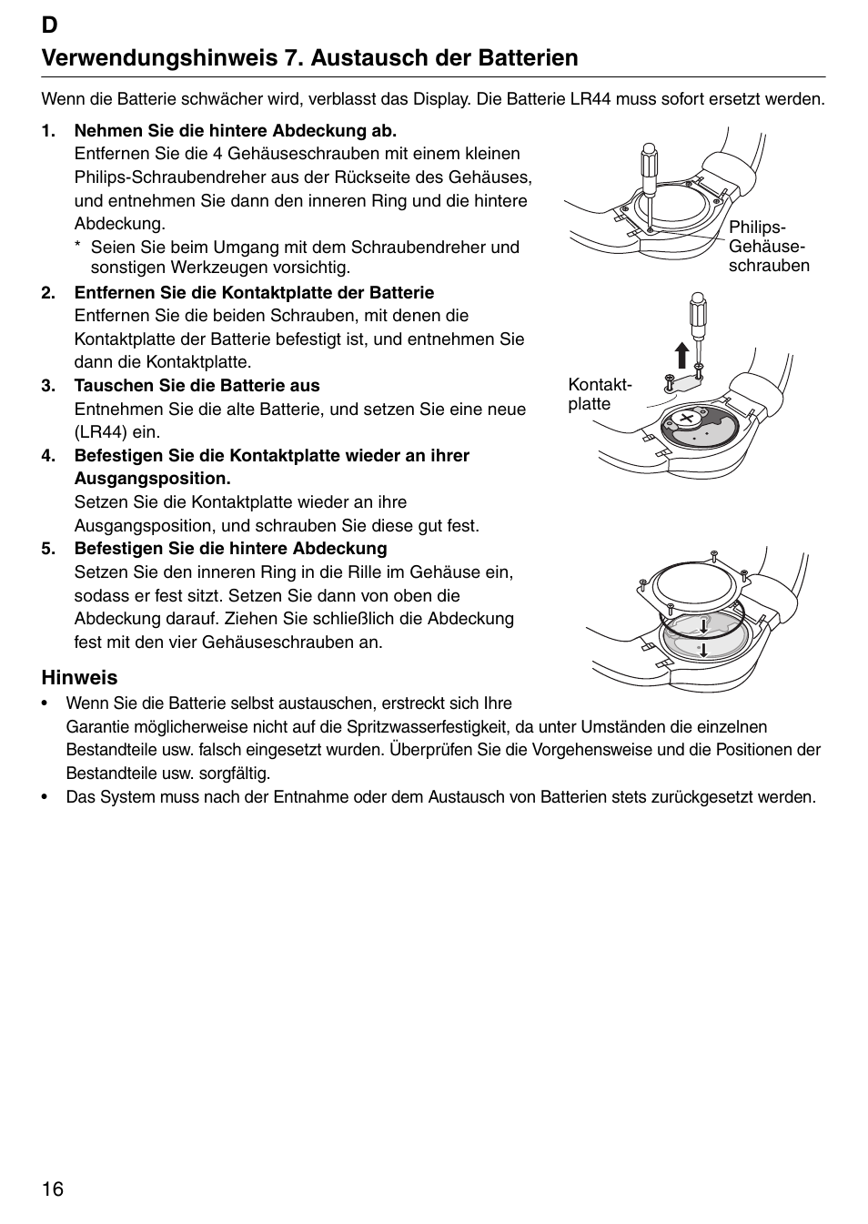 Dverwendungshinweis 7. austausch der batterien | Tanita Step PD642 User Manual | Page 16 / 72