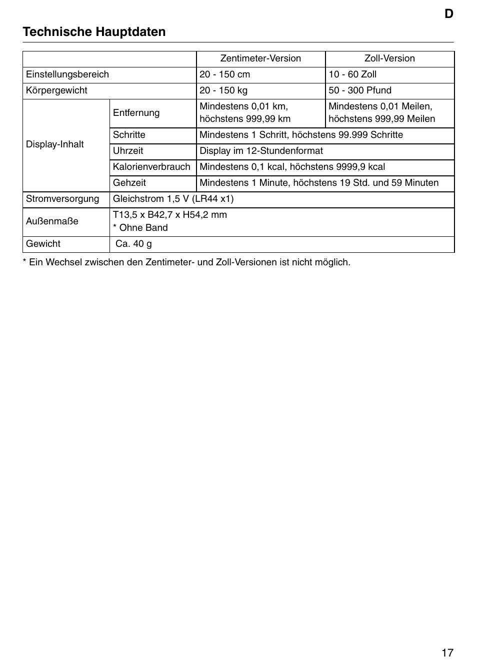 Dtechnische hauptdaten | Tanita Step PD642 User Manual | Page 17 / 72