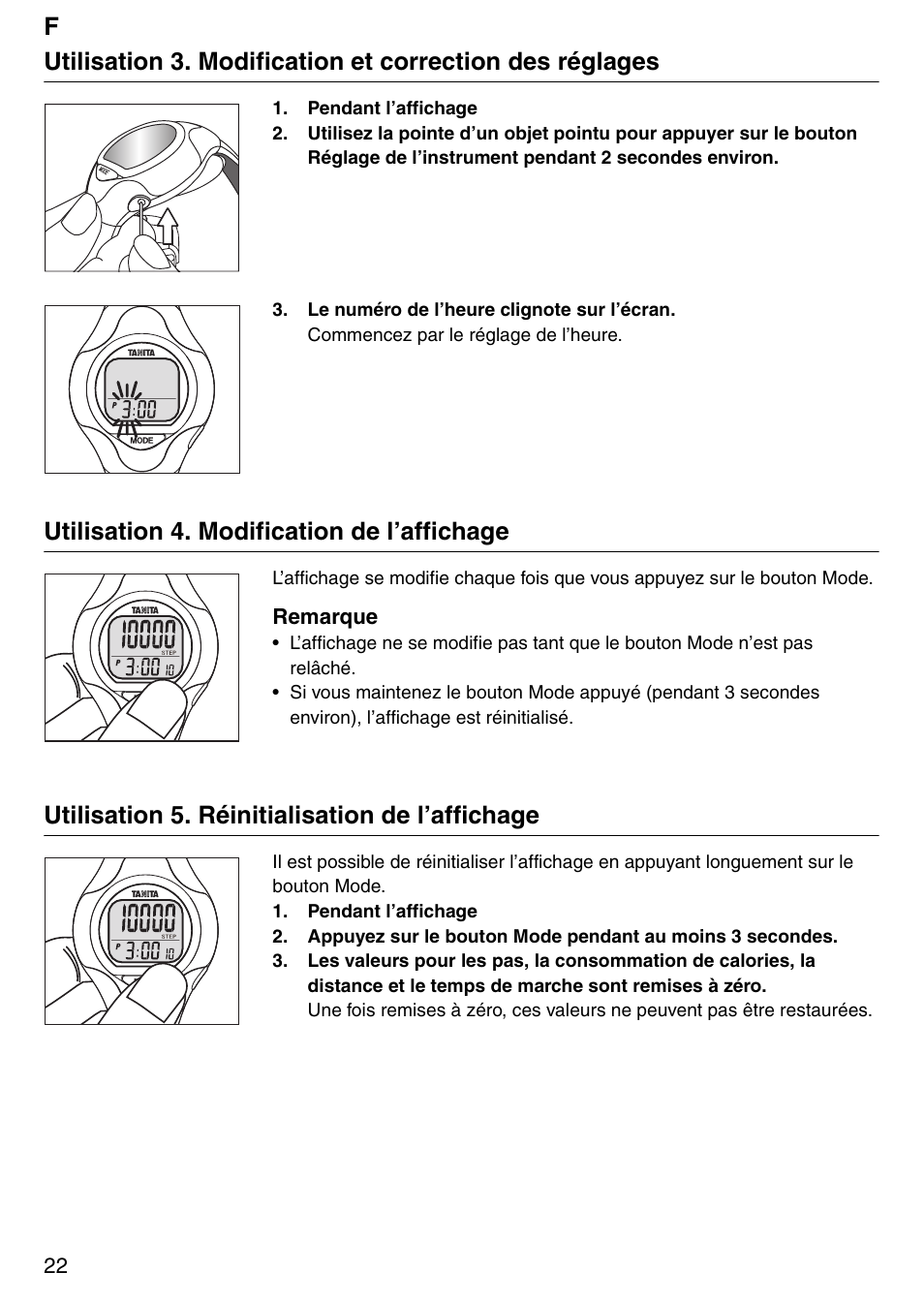 Utilisation 4. modification de l’affichage, Utilisation 5. réinitialisation de l’affichage | Tanita Step PD642 User Manual | Page 22 / 72