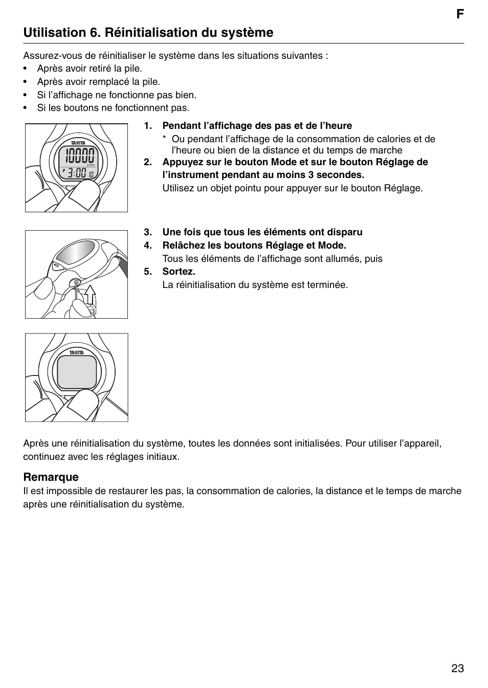 Futilisation 6. réinitialisation du système | Tanita Step PD642 User Manual | Page 23 / 72