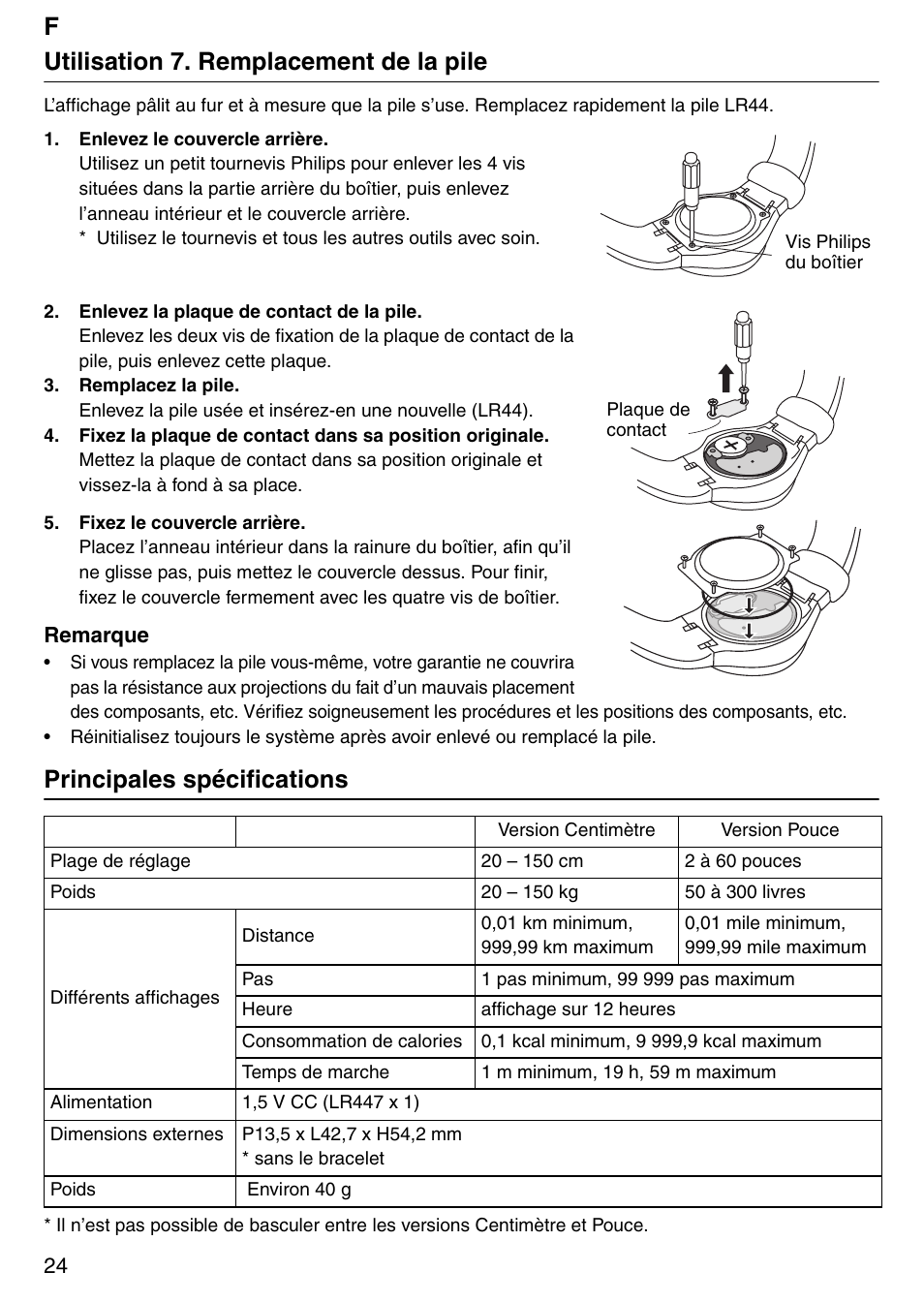 Futilisation 7. remplacement de la pile, Principales spécifications | Tanita Step PD642 User Manual | Page 24 / 72