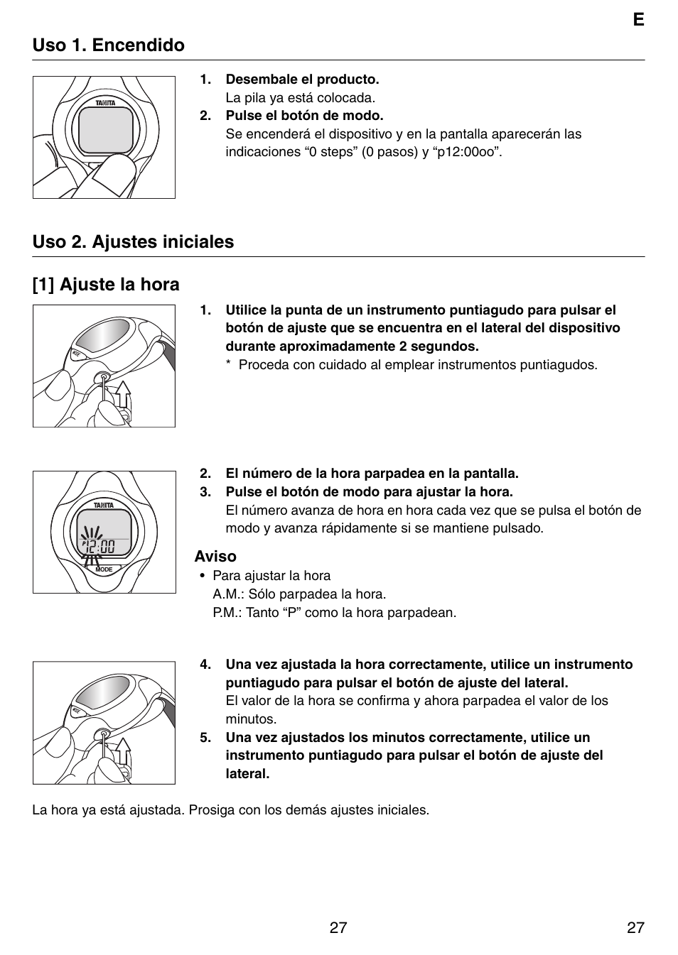 Euso 1. encendido, Uso 2. ajustes iniciales [1] ajuste la hora | Tanita Step PD642 User Manual | Page 27 / 72