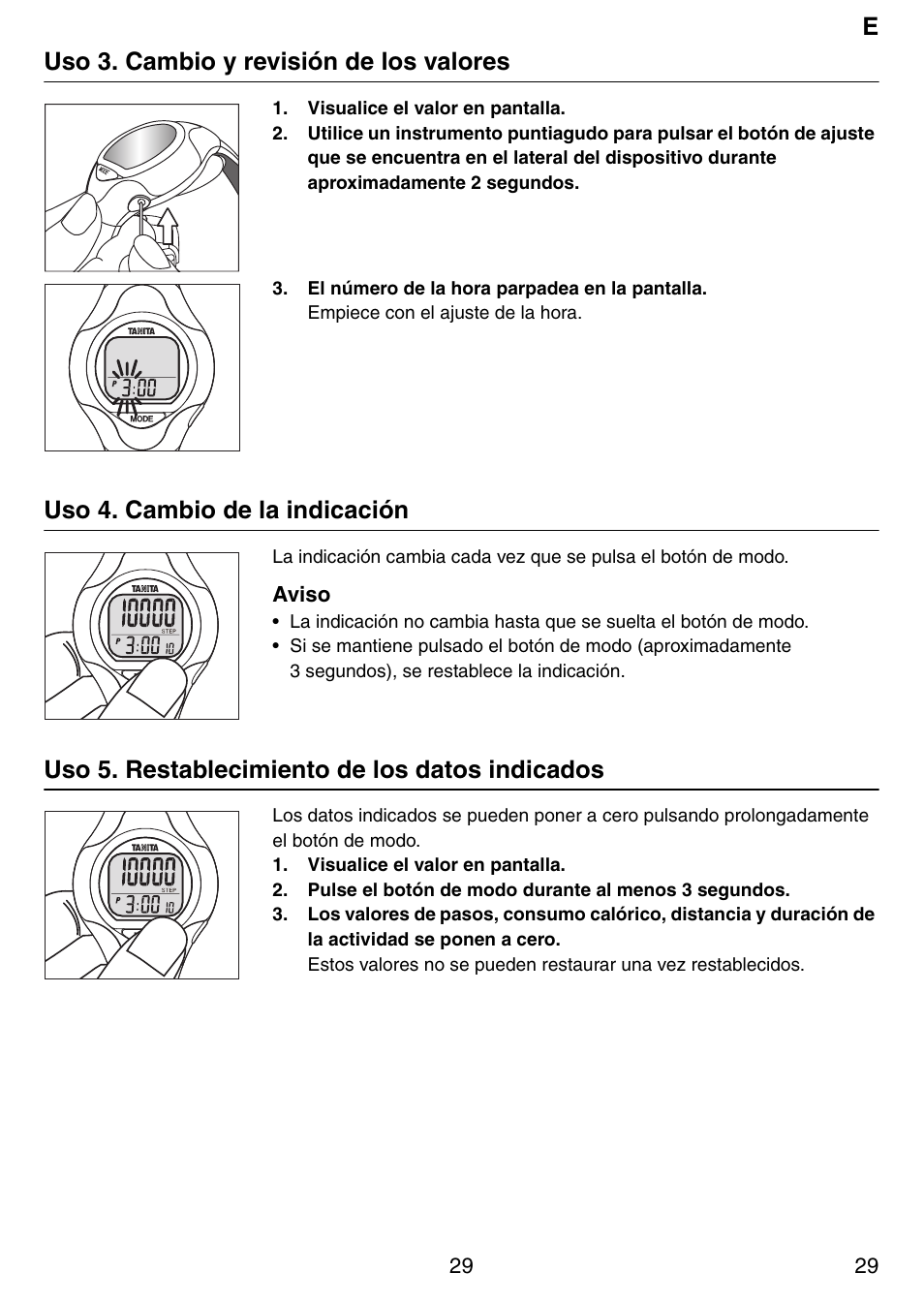 Euso 3. cambio y revisión de los valores, Uso 4. cambio de la indicación, Uso 5. restablecimiento de los datos indicados | Tanita Step PD642 User Manual | Page 29 / 72