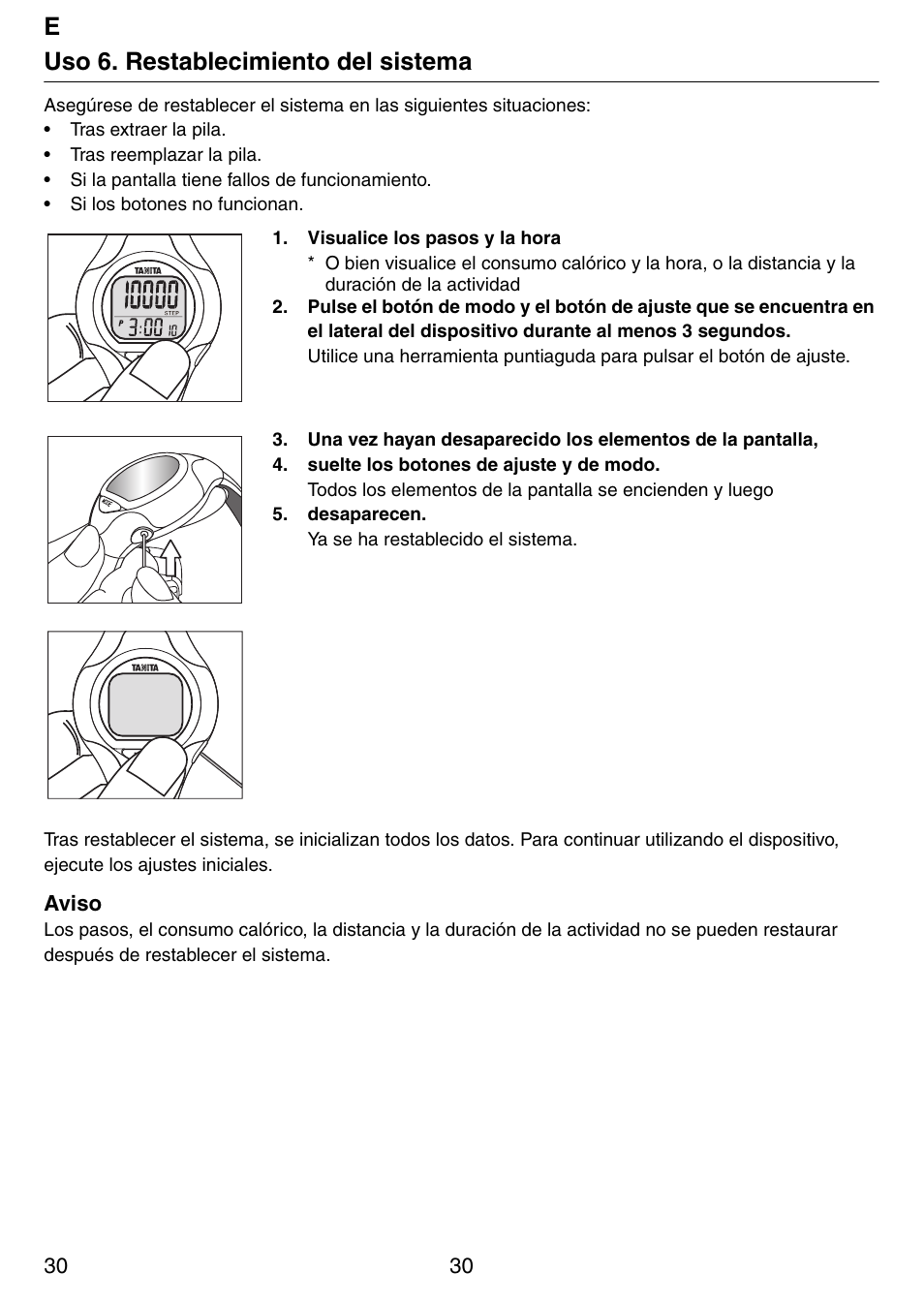 Euso 6. restablecimiento del sistema | Tanita Step PD642 User Manual | Page 30 / 72