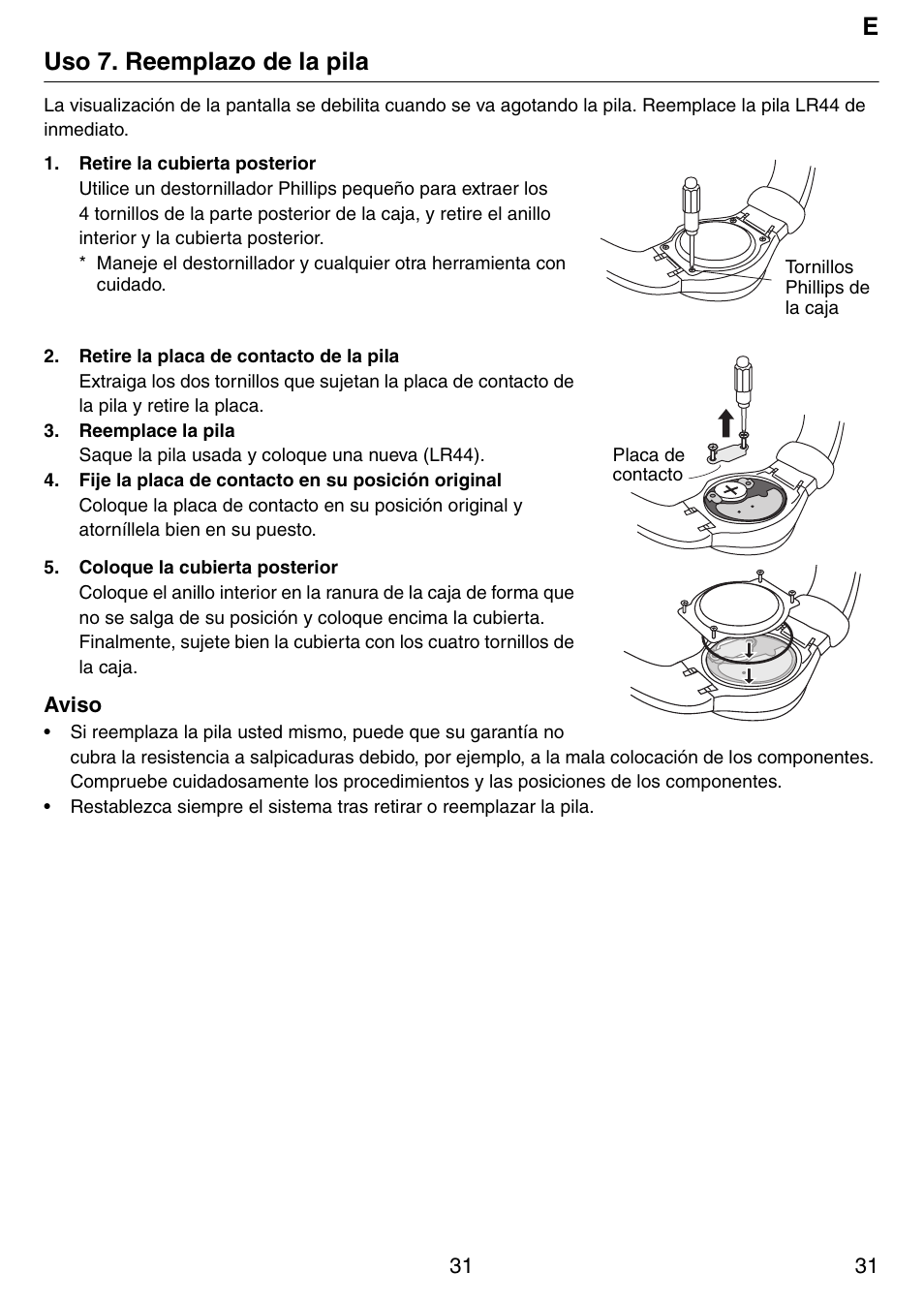 Euso 7. reemplazo de la pila | Tanita Step PD642 User Manual | Page 31 / 72