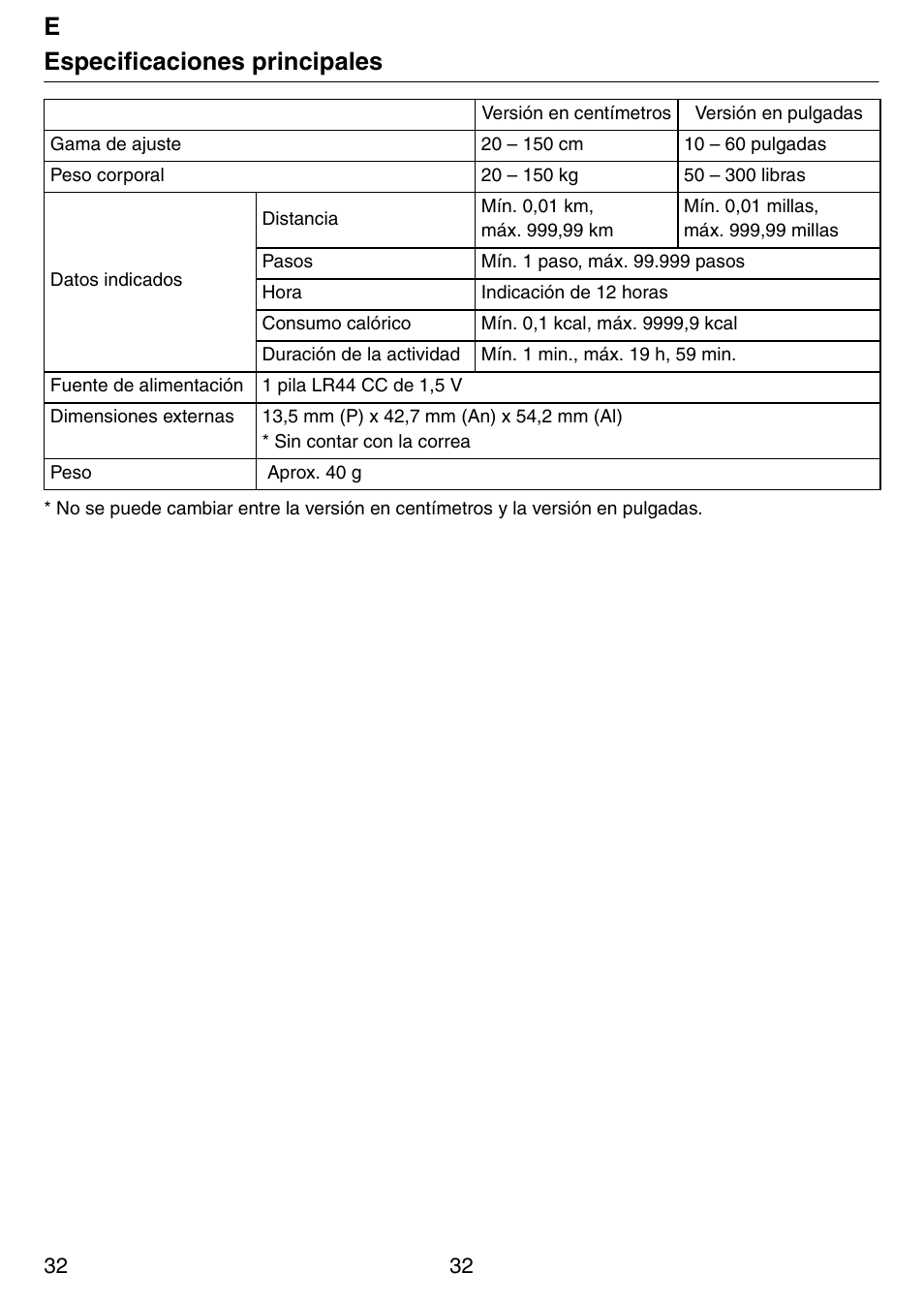 Eespecificaciones principales | Tanita Step PD642 User Manual | Page 32 / 72