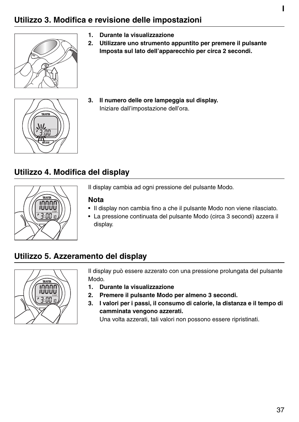 Utilizzo 4. modifica del display, Utilizzo 5. azzeramento del display | Tanita Step PD642 User Manual | Page 37 / 72