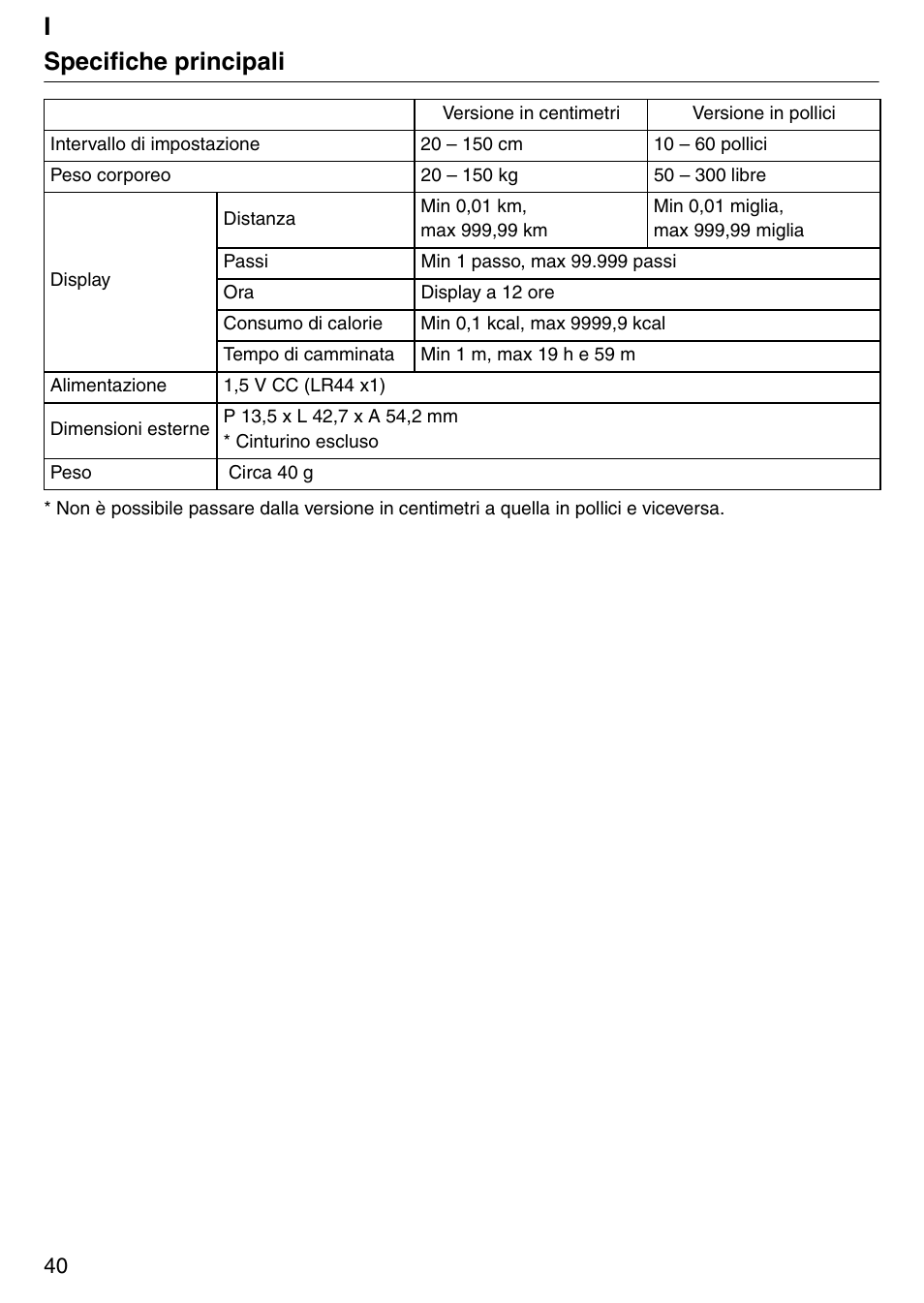 Ispecifiche principali | Tanita Step PD642 User Manual | Page 40 / 72