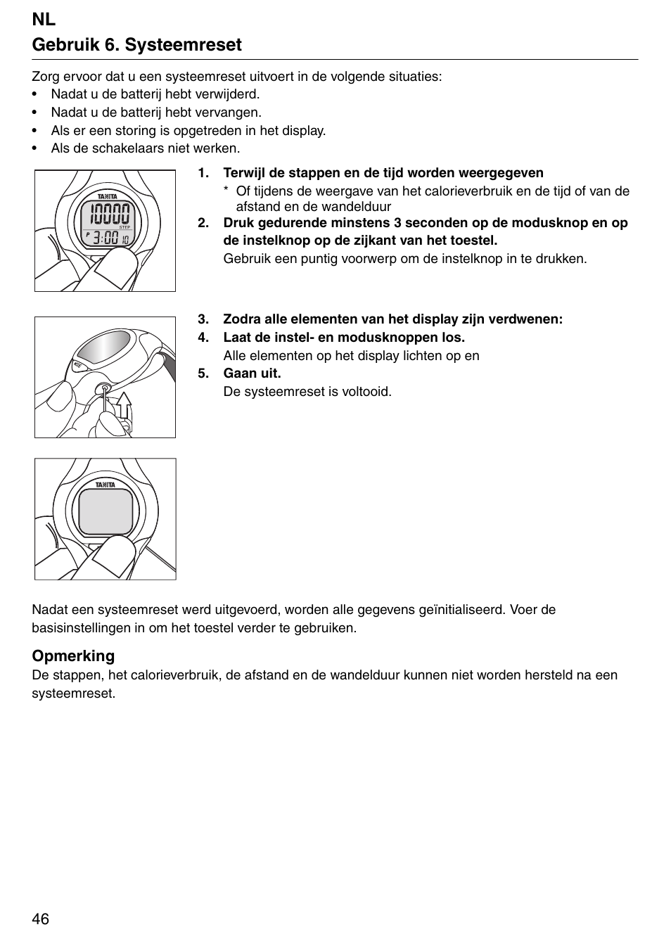 Nl gebruik 6. systeemreset | Tanita Step PD642 User Manual | Page 46 / 72