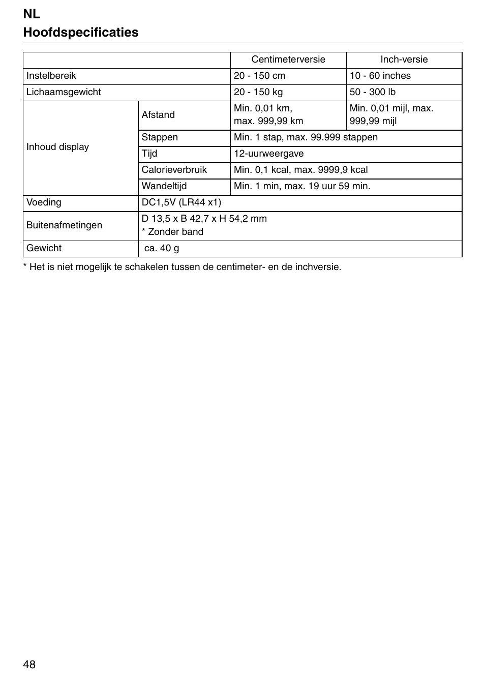 Nl hoofdspecificaties | Tanita Step PD642 User Manual | Page 48 / 72