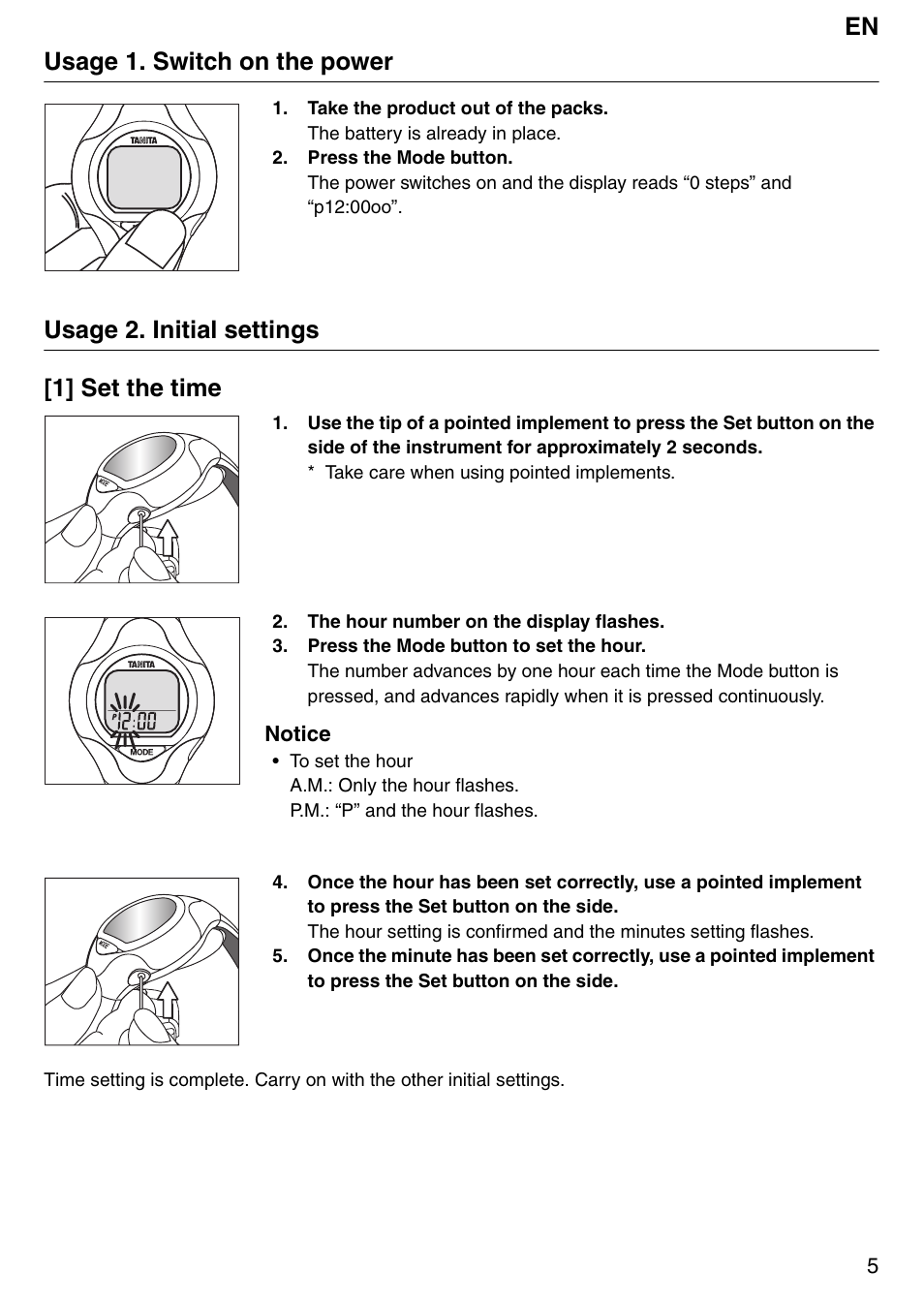 En usage 1. switch on the power, Usage 2. initial settings [1] set the time | Tanita Step PD642 User Manual | Page 5 / 72