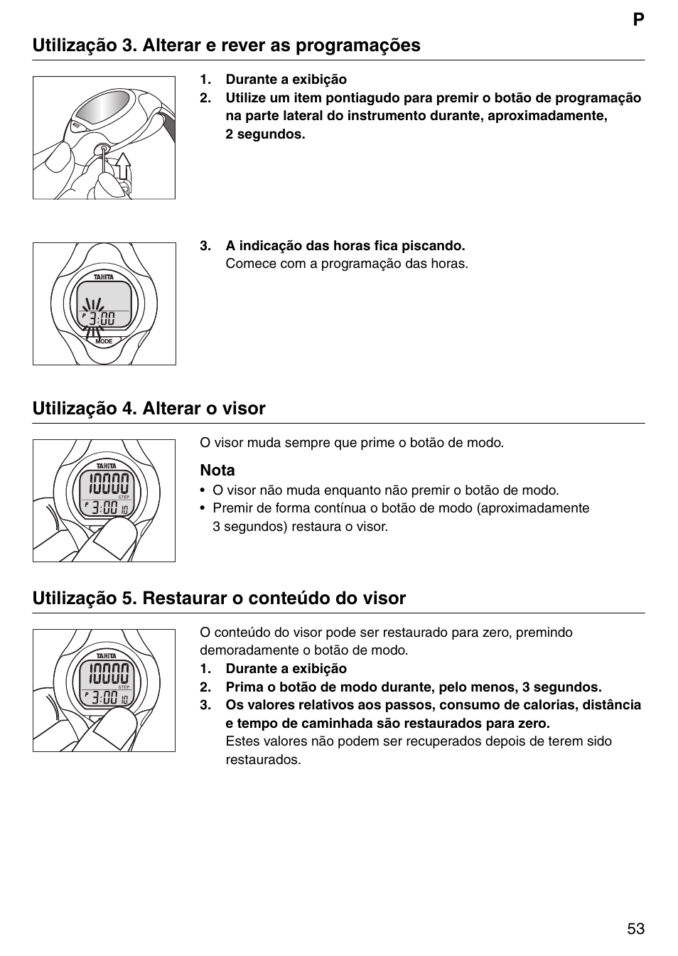 Putilização 3. alterar e rever as programações, Utilização 4. alterar o visor, Utilização 5. restaurar o conteúdo do visor | Tanita Step PD642 User Manual | Page 53 / 72