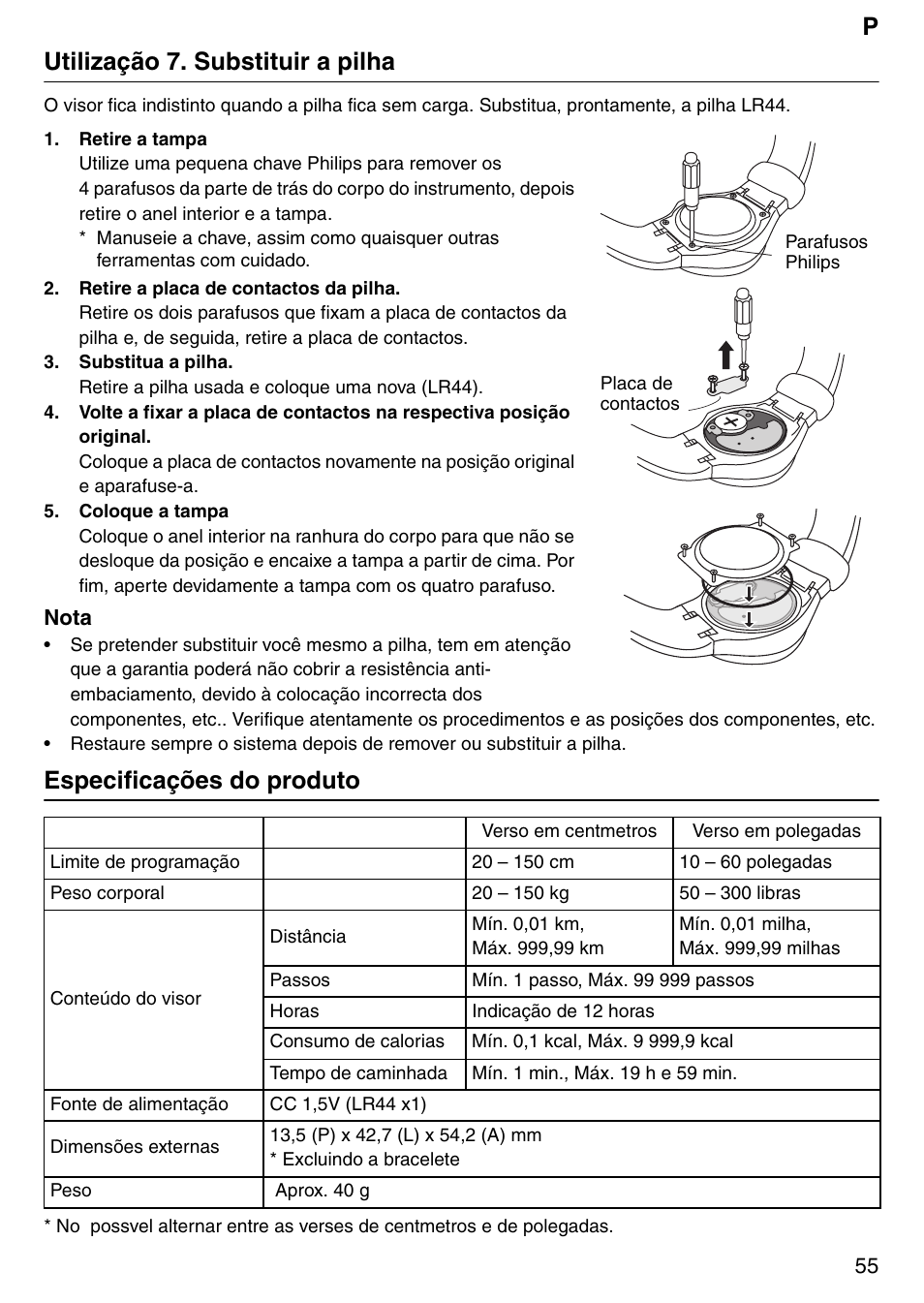 Putilização 7. substituir a pilha, Especificações do produto | Tanita Step PD642 User Manual | Page 55 / 72